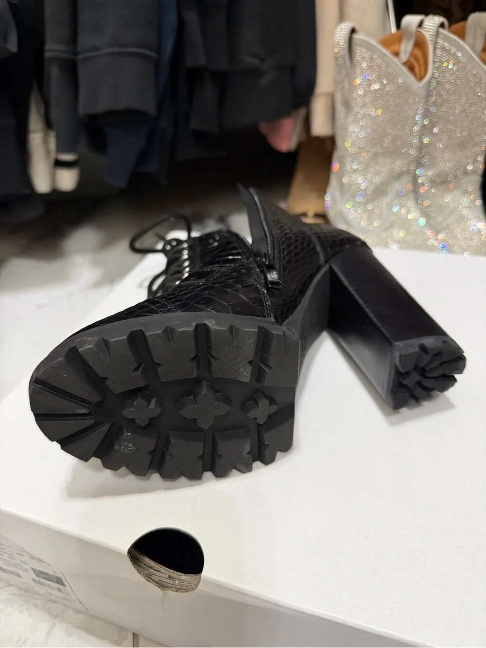 Aldo Black Croc-Embossed Lace-Up Block Heel Ankle Boot